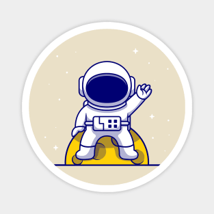 Cute Astronaut Sitting On Moon And Waving Hand Cartoon Magnet